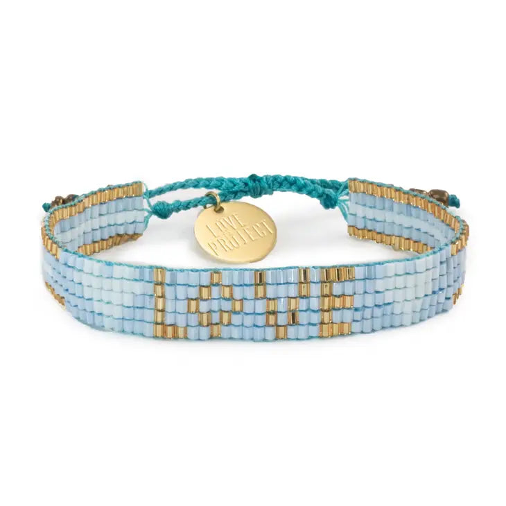 Kids Seed Bead LOVE Bracelet - Sky Blue & Gold