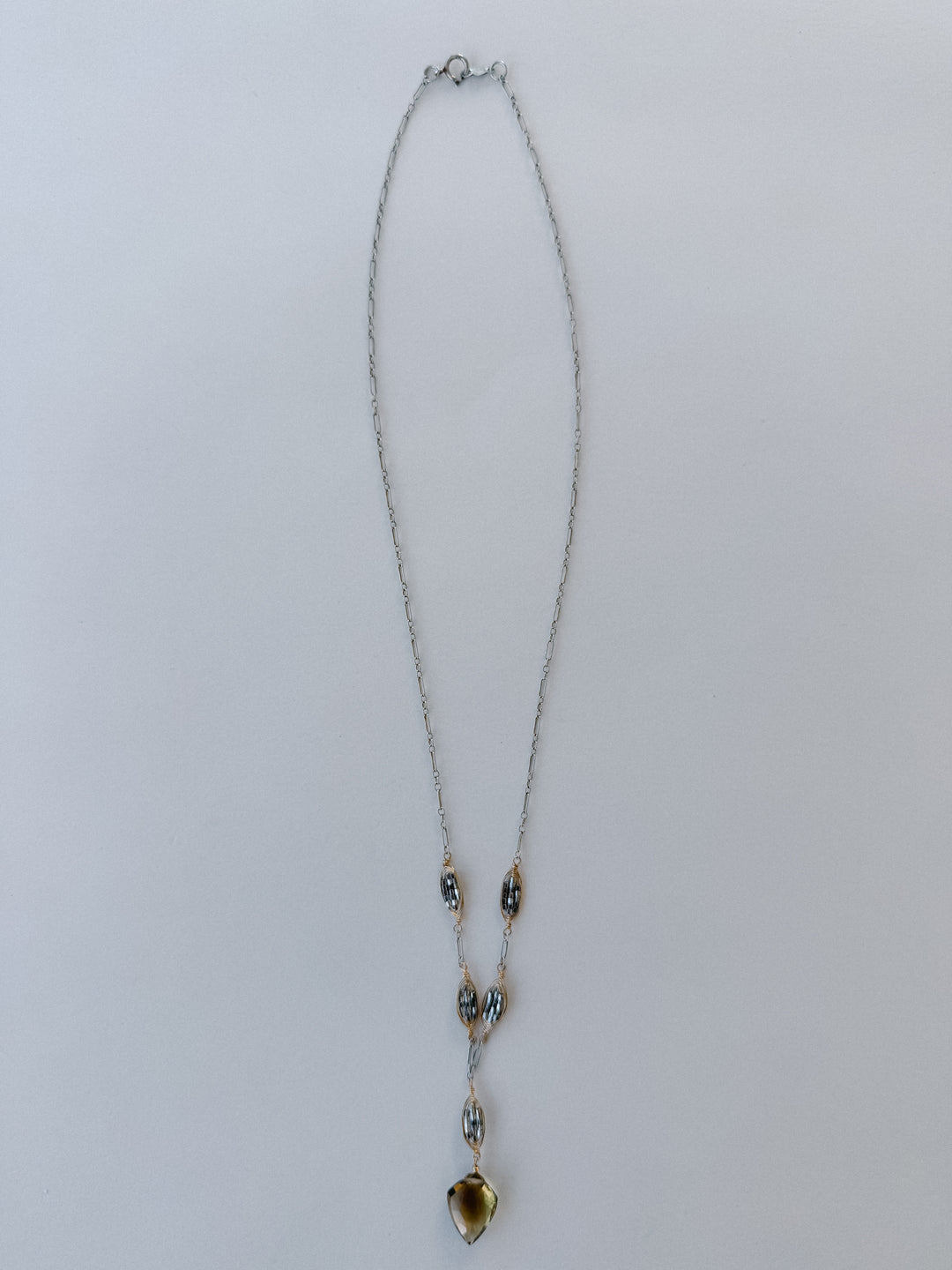 Whiskey Quartz Mixed Metal Lariat Necklace