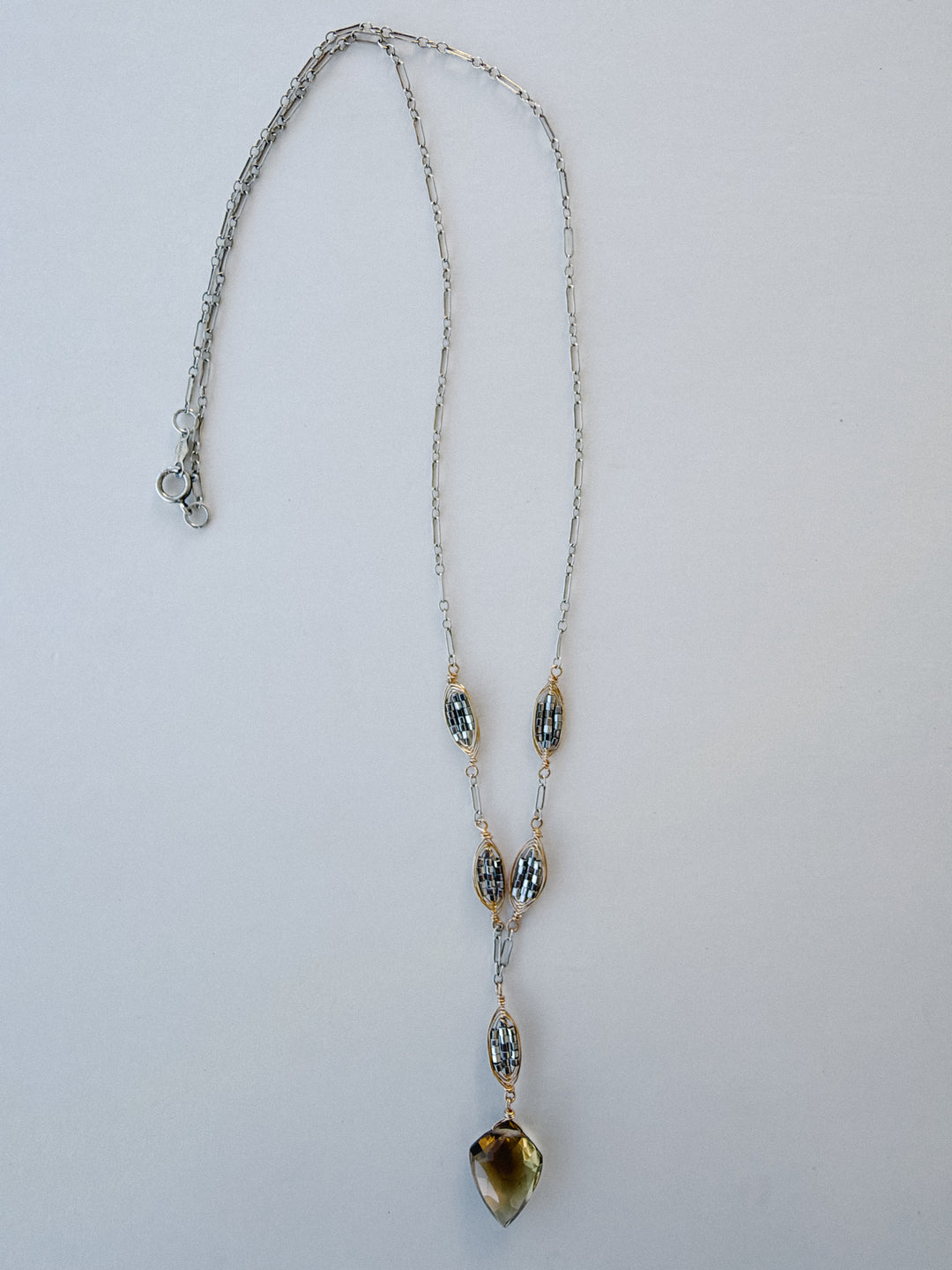 Whiskey Quartz Mixed Metal Lariat Necklace