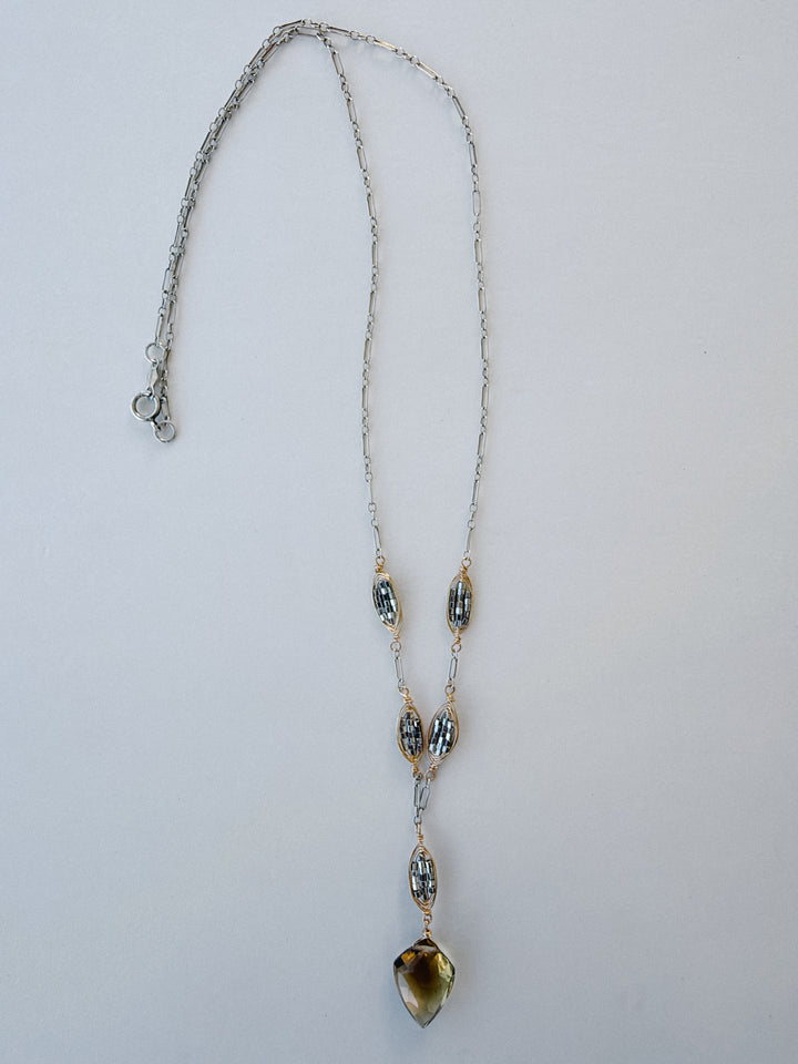 Whiskey Quartz Mixed Metal Lariat Necklace