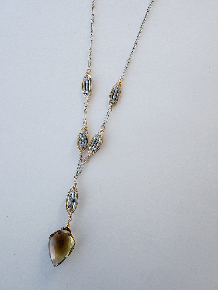 Whiskey Quartz Mixed Metal Lariat Necklace