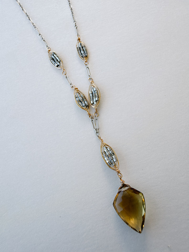 Whiskey Quartz Mixed Metal Lariat Necklace