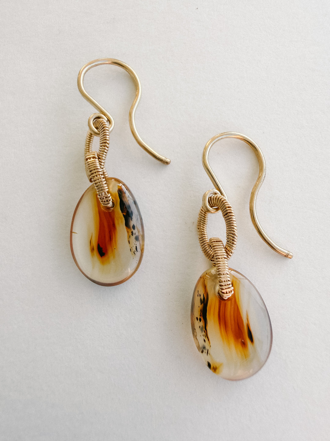 One-of-a-Kind 14K Gold Montana Agate Teardrop Earrings with Handwired Detailing