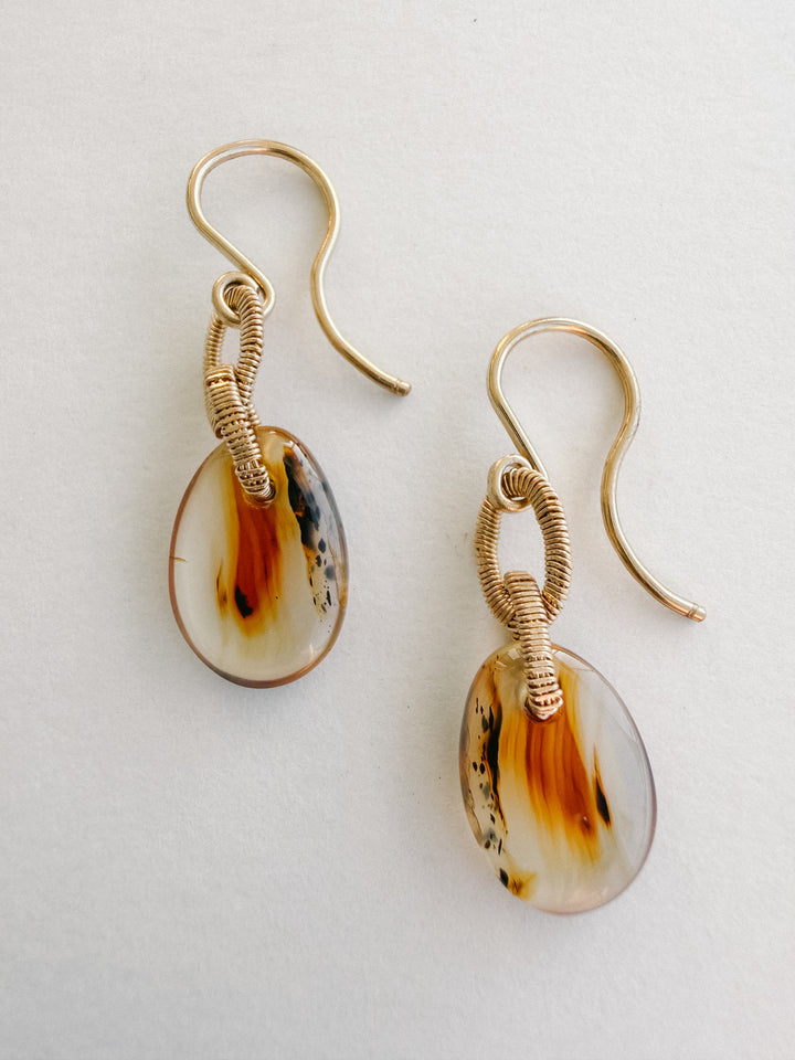 One-of-a-Kind 14K Gold Montana Agate Teardrop Earrings with Handwired Detailing
