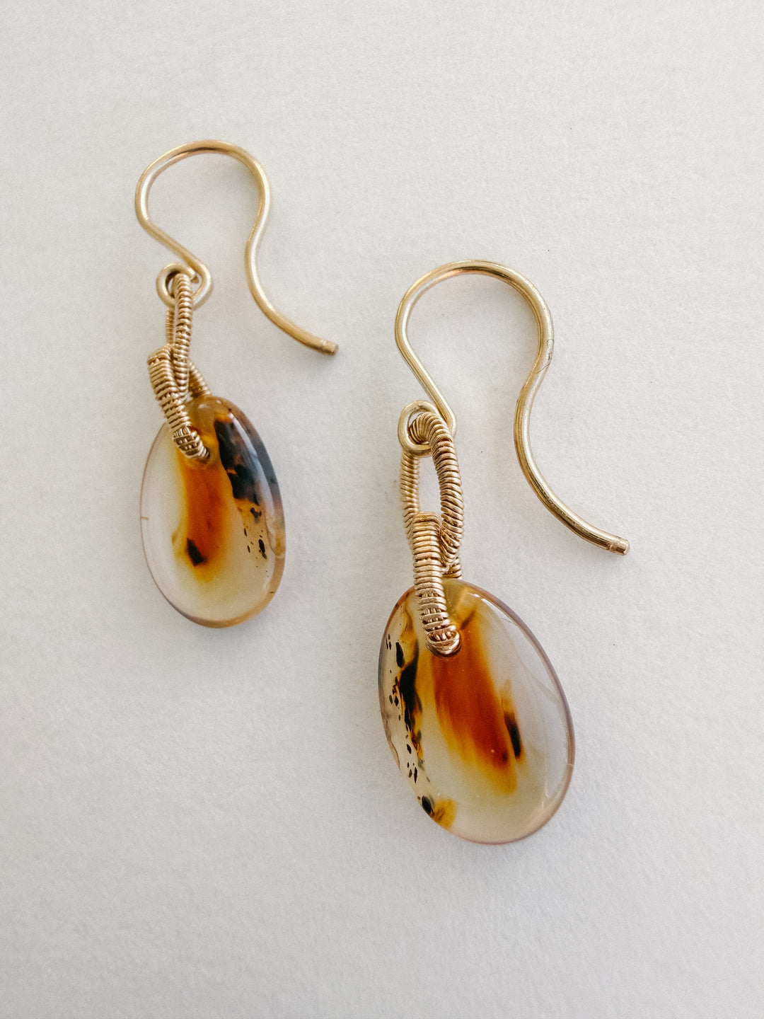 One-of-a-Kind 14K Gold Montana Agate Teardrop Earrings with Handwired Detailing