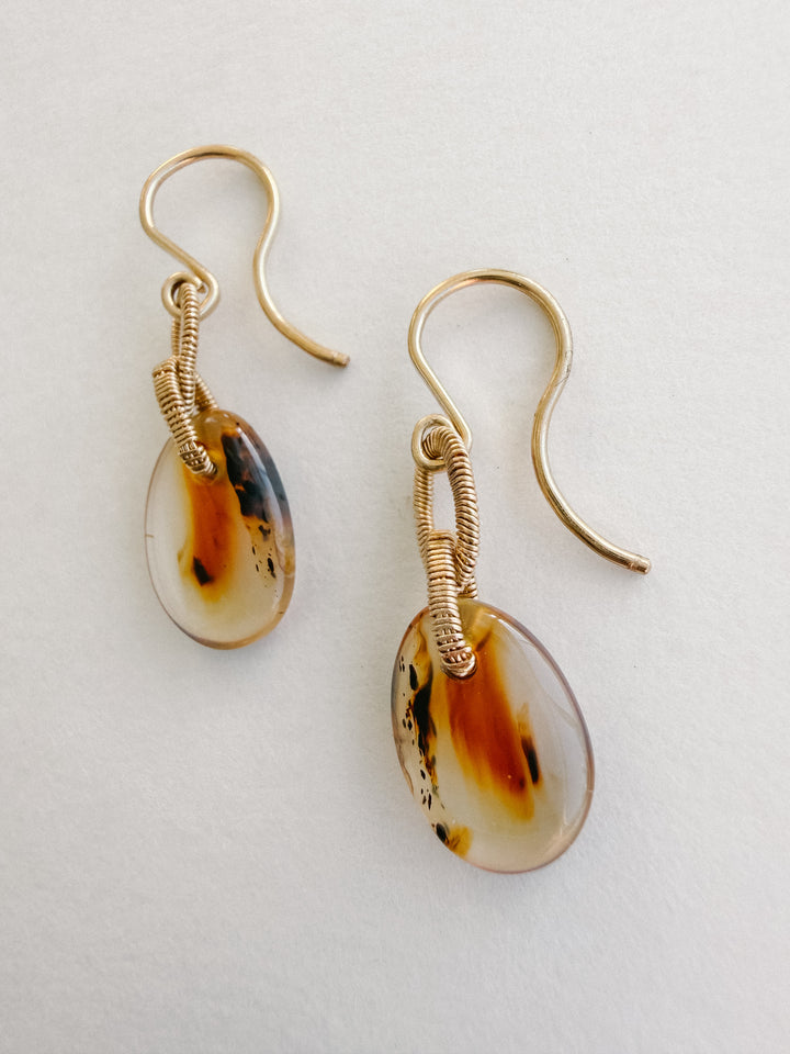 One-of-a-Kind 14K Gold Montana Agate Teardrop Earrings with Handwired Detailing