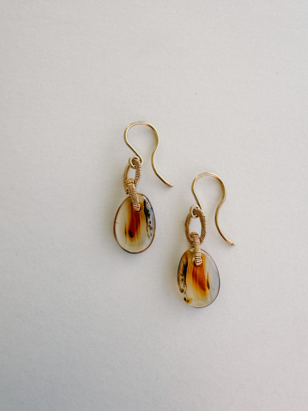 One-of-a-Kind 14K Gold Montana Agate Teardrop Earrings with Handwired Detailing