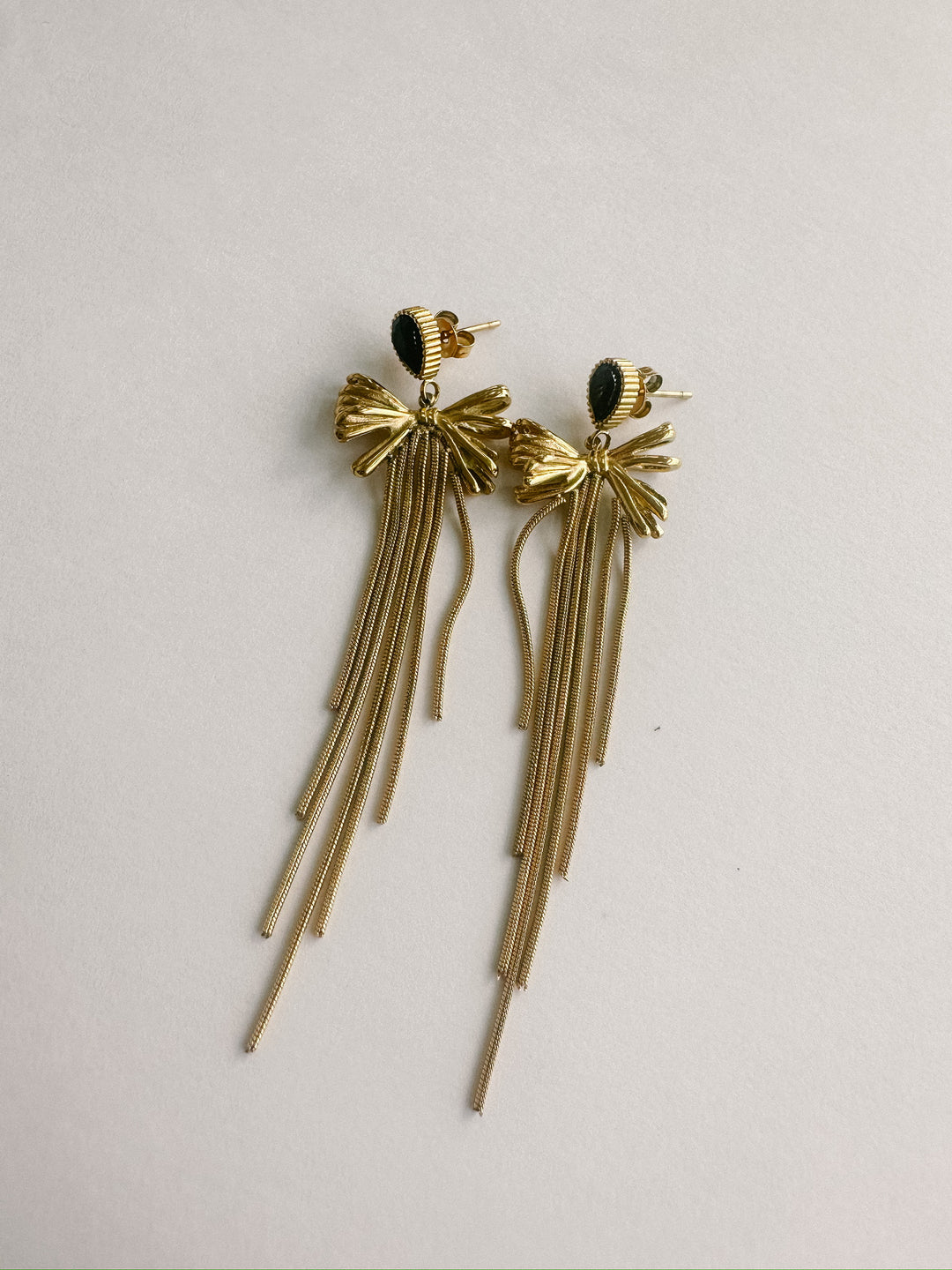 Gold Bow Tassel Drop Earrings