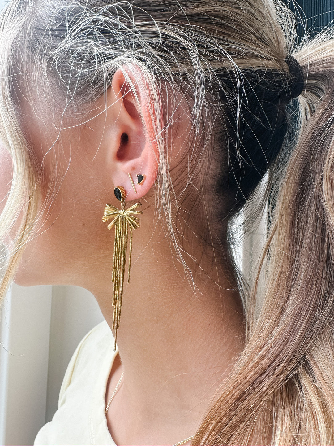 Gold Bow Tassel Drop Earrings