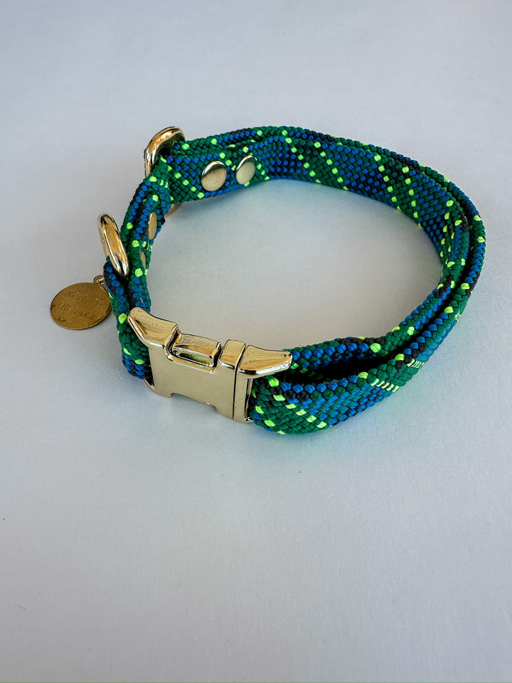 Saimin Flat Rope Collar Green & Blue Plaid