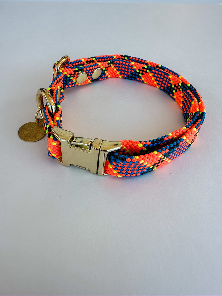 Saimin Flat Rope Collar Orange & Blue Plaid