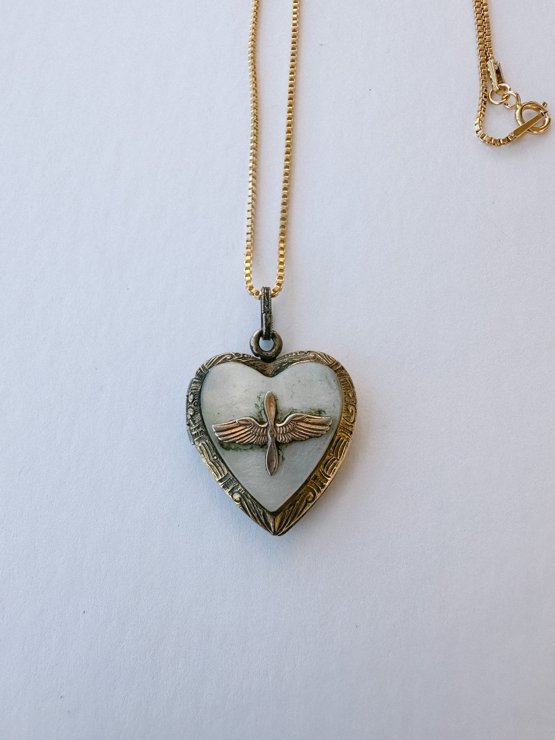 Vintage Airforce Mother of Pearl Heart Locket & Necklace