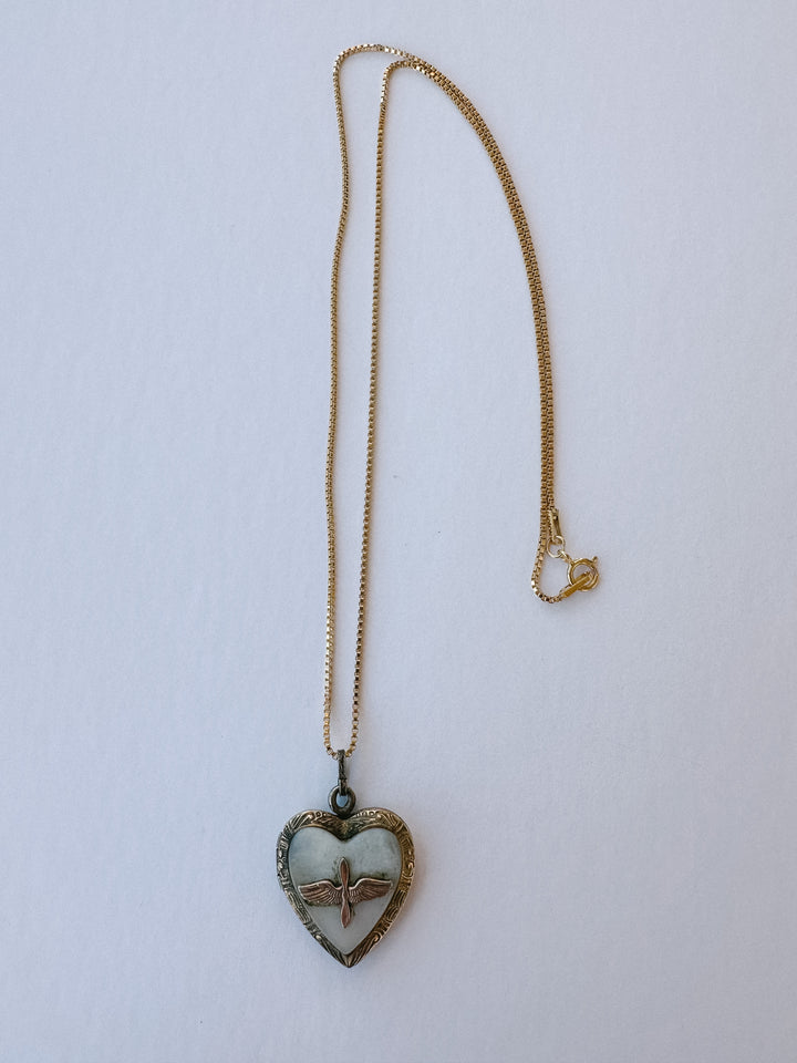 Vintage Airforce Mother of Pearl Heart Locket & Necklace