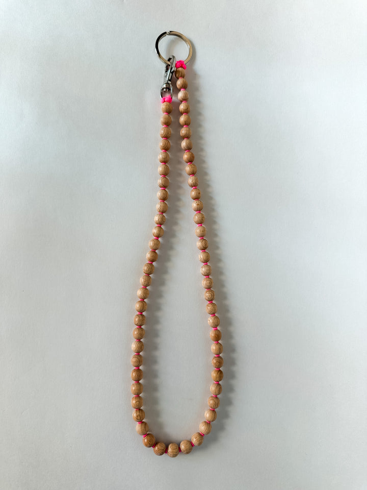 Ina Seifart Phone/Key Chain - Natural Wood Beads with Hot Pink Details