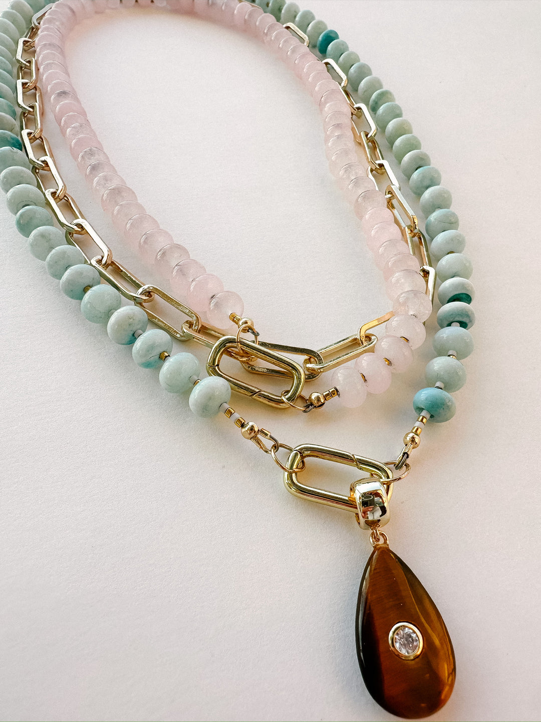 Handmade Beaded Quartz Necklace - Rose Quartz Pink