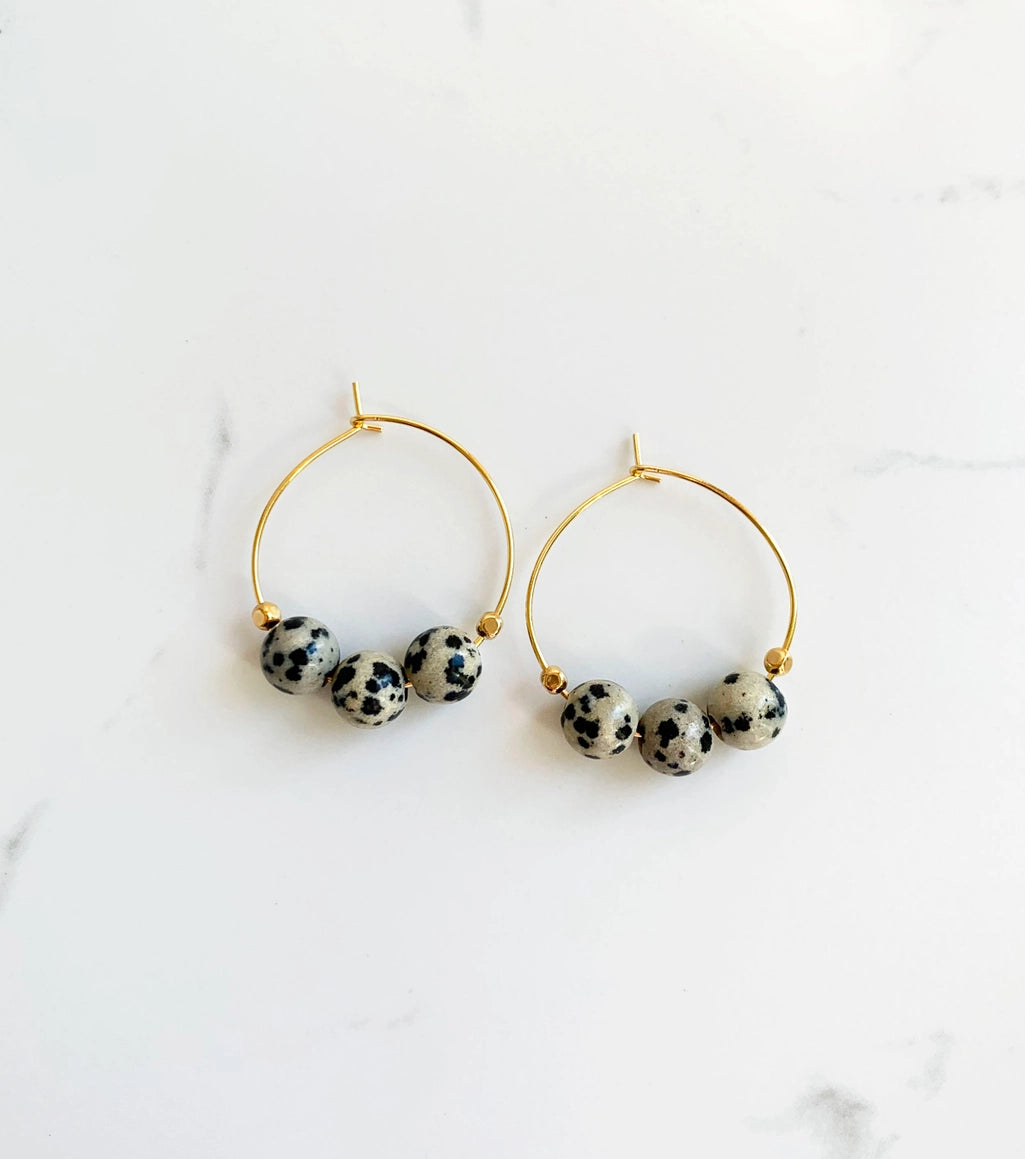 Dalmatian Jasper Beaded Hoop Earrings