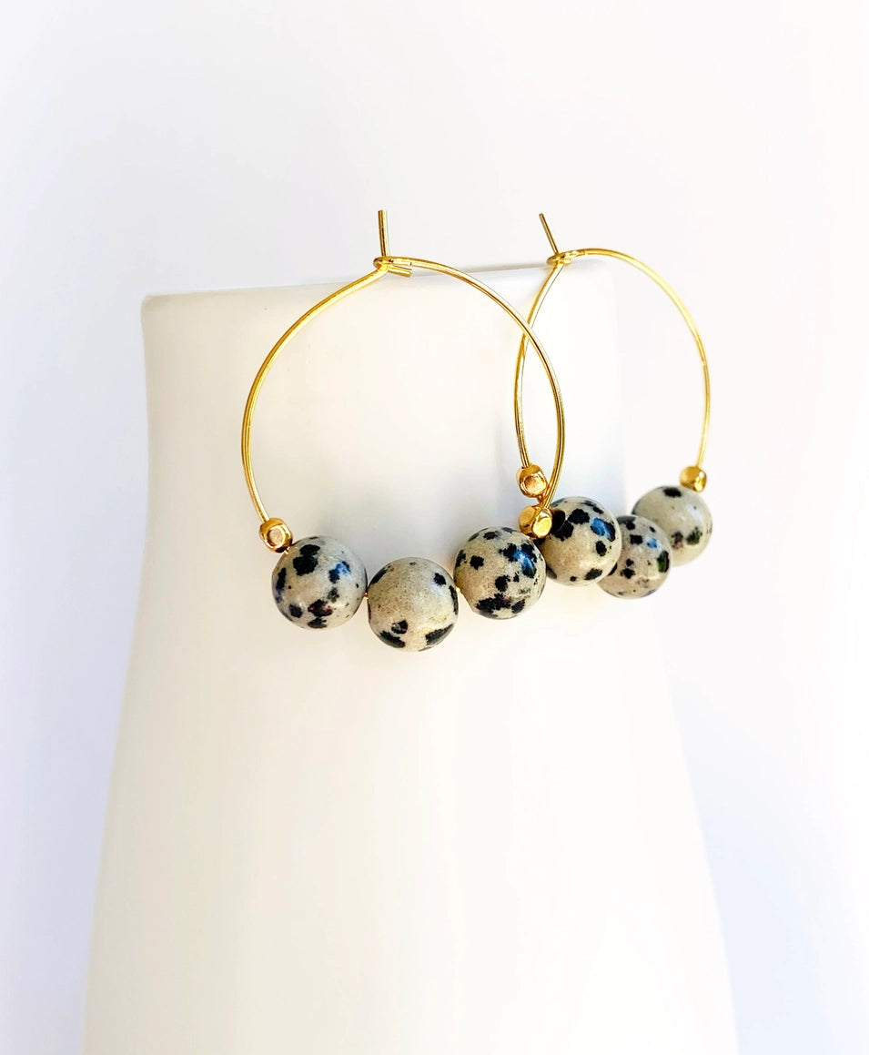 Dalmatian Jasper Beaded Hoop Earrings