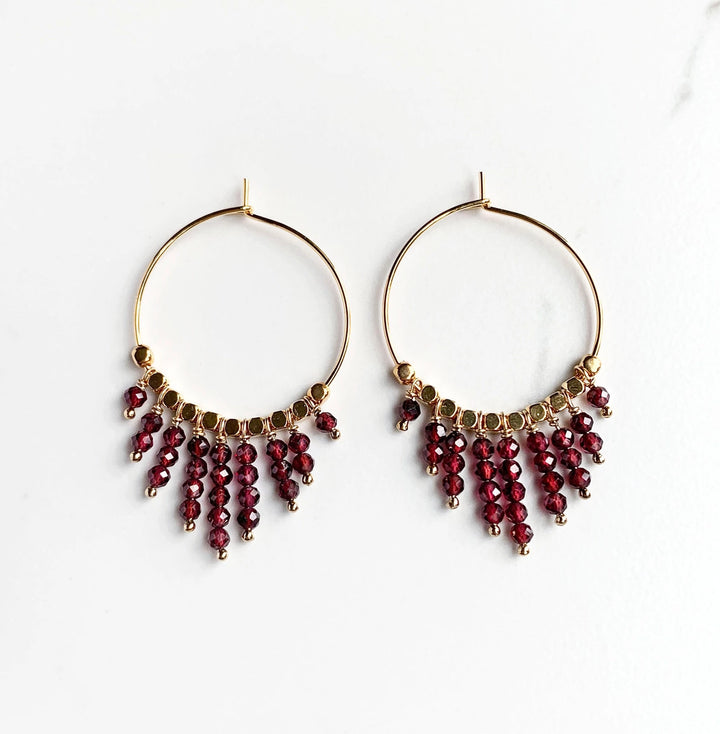 Garnet Fringe Hoop Earrings