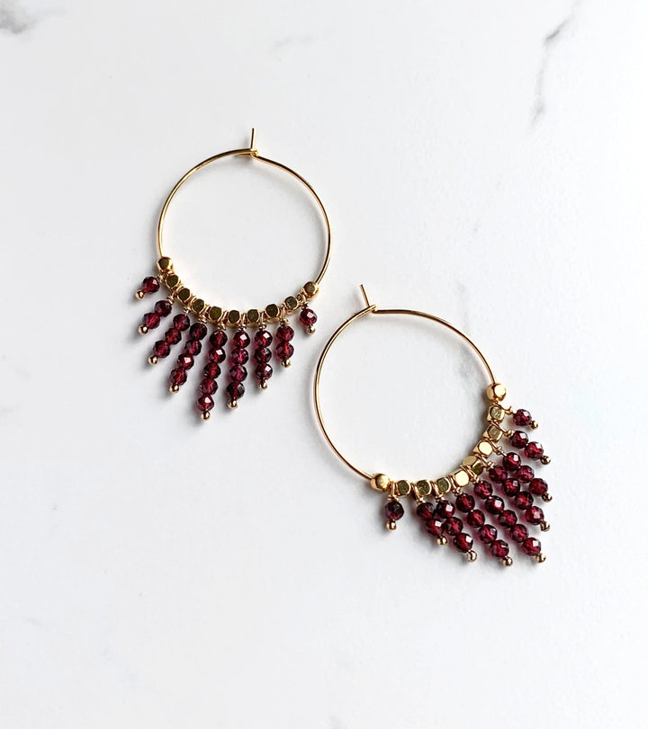 Garnet Fringe Hoop Earrings