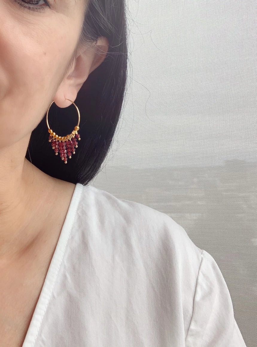 Garnet Fringe Hoop Earrings