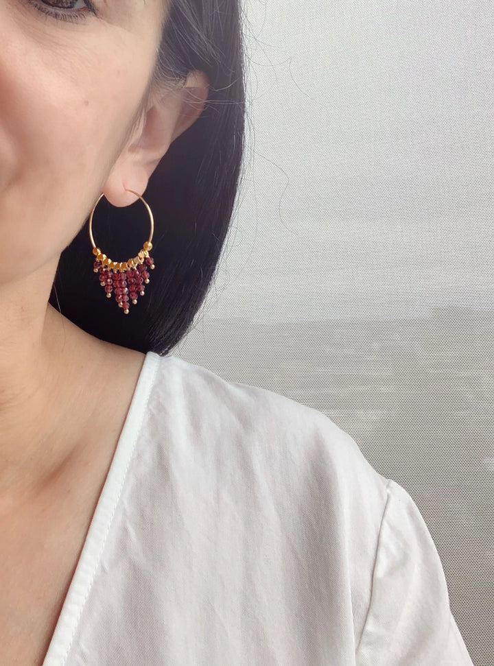 Garnet Fringe Hoop Earrings