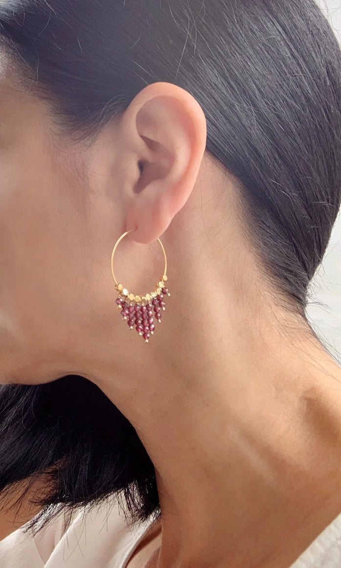 Garnet Fringe Hoop Earrings