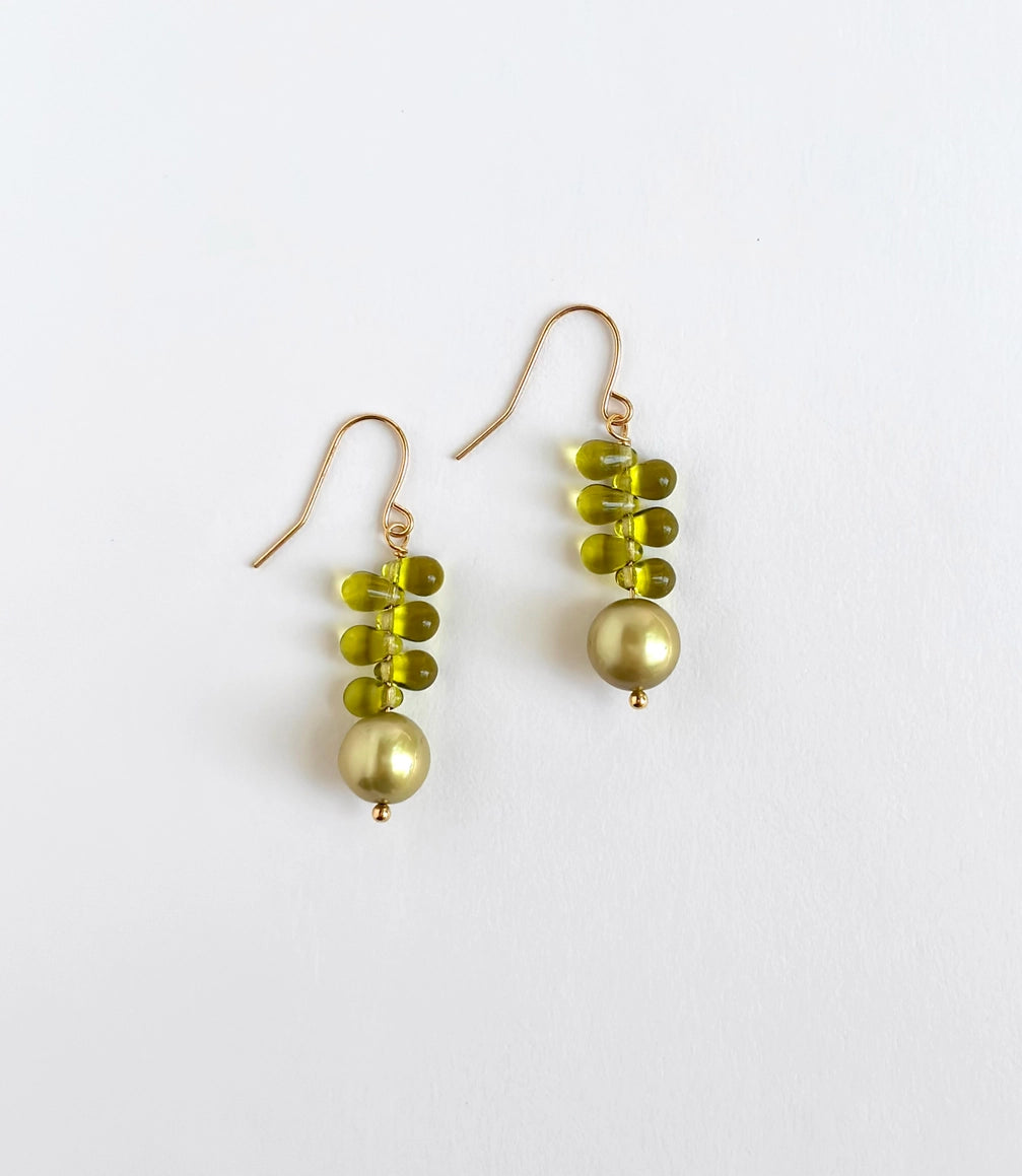 Green Pearl & Glass Dangle Earrings