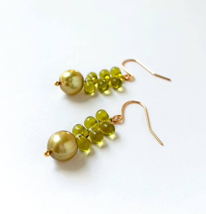 Green Pearl & Glass Dangle Earrings