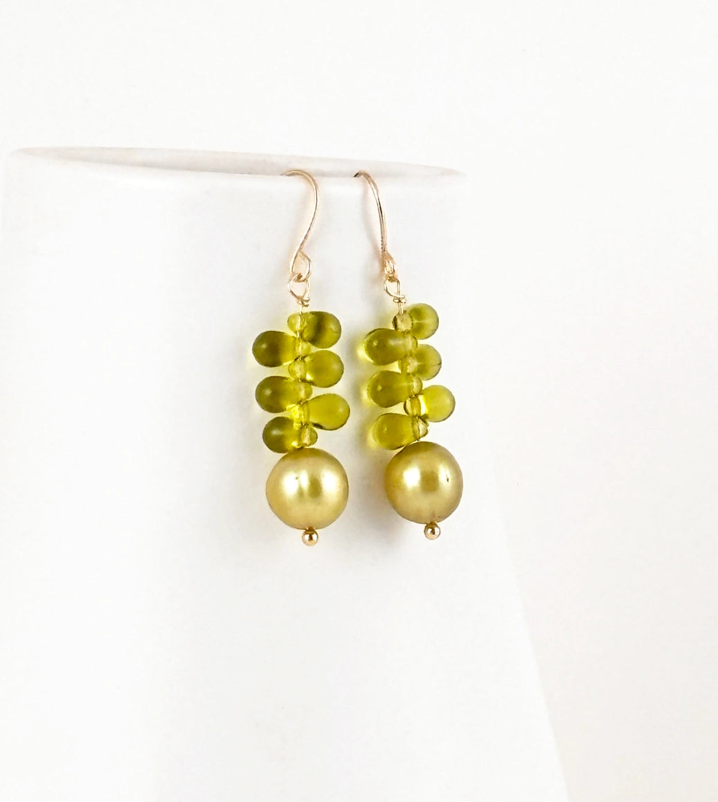 Green Pearl & Glass Dangle Earrings