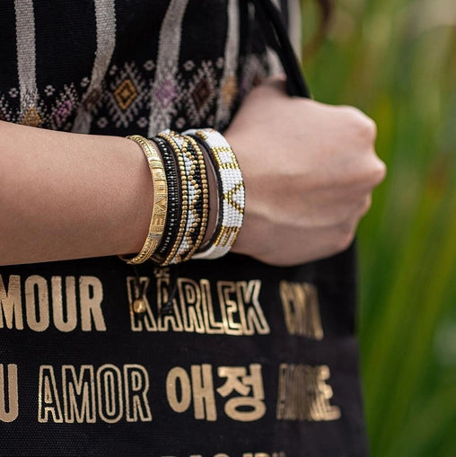 Beaded Bracelet - Black, White & Gold