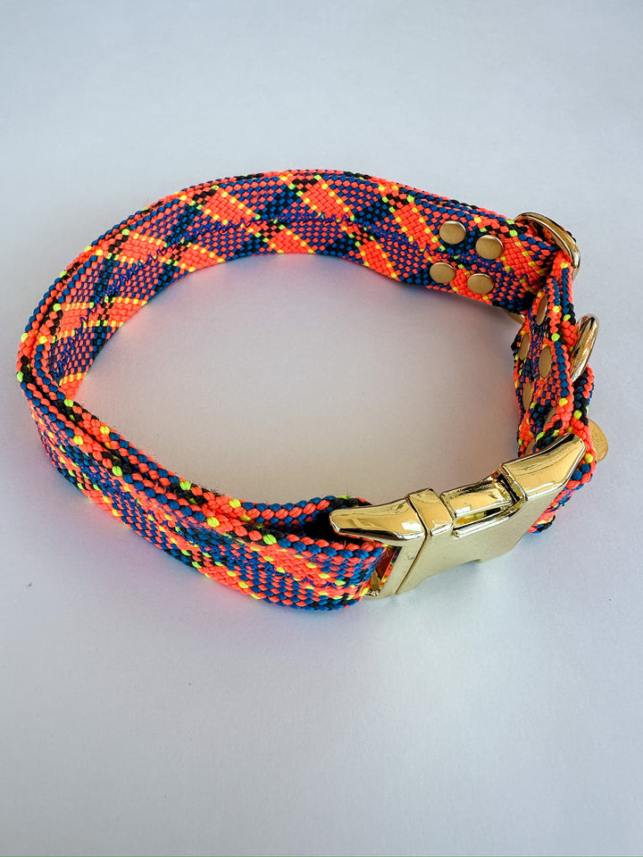 Dexter Large Dog Collar Orange & Blue Plaid