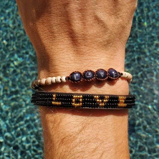 Skinny LOVE Beaded & Vegan Leather Bracelet - Black & Gold