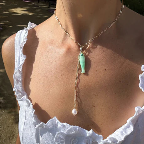 Lea Thin Paperclip Lariat Pearl Necklace