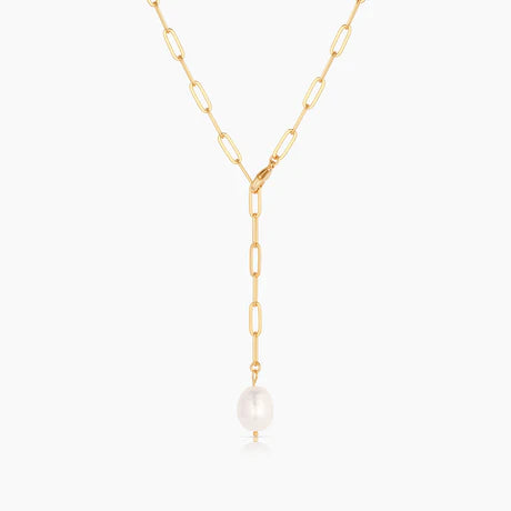 Lea Thin Paperclip Lariat Pearl Necklace