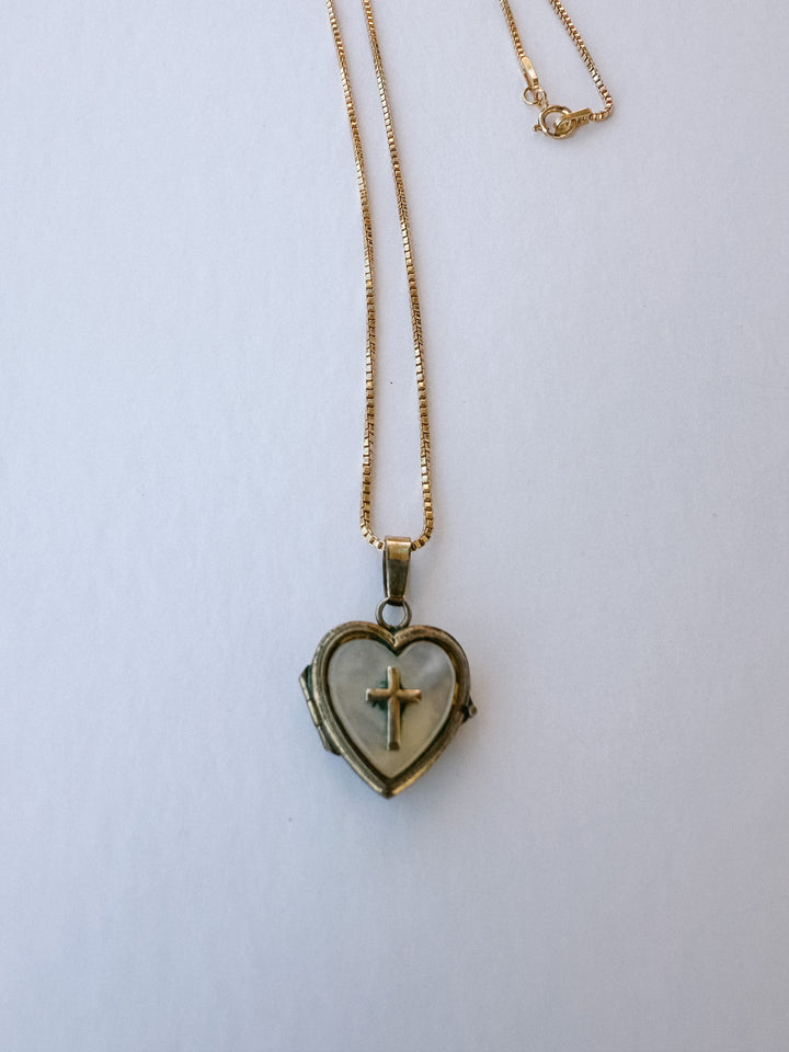 Vintage Mother of Pearl with Cross Locket & Necklace