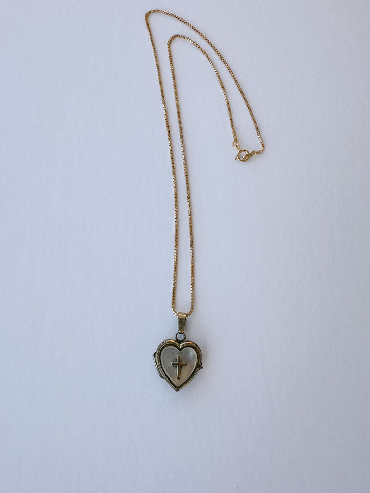 Vintage Mother of Pearl with Cross Locket & Necklace