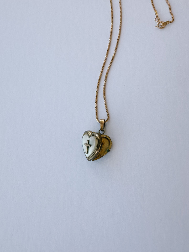 Vintage Mother of Pearl with Cross Locket & Necklace