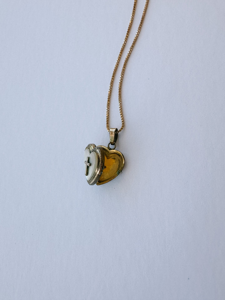 Vintage Mother of Pearl with Cross Locket & Necklace
