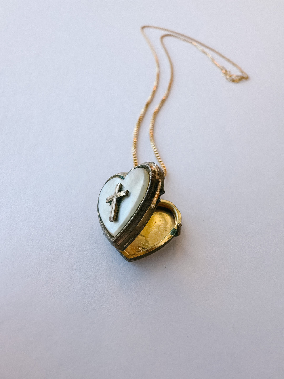Vintage Mother of Pearl with Cross Locket & Necklace